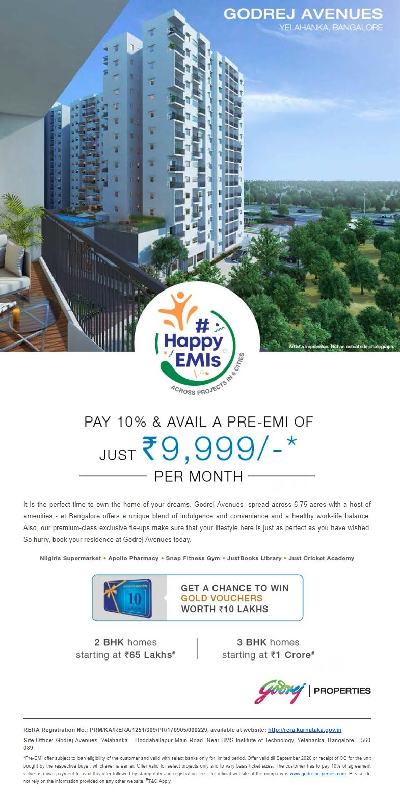 Pay 10% & avail a pre-EMI of Rs. 9999 per month at Godrej Avenues in Bangalore Update